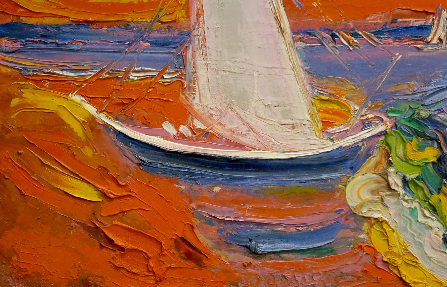 Vibrant impressionist oil painting by Mikhail Demtsyu of sailboat in fiery waters