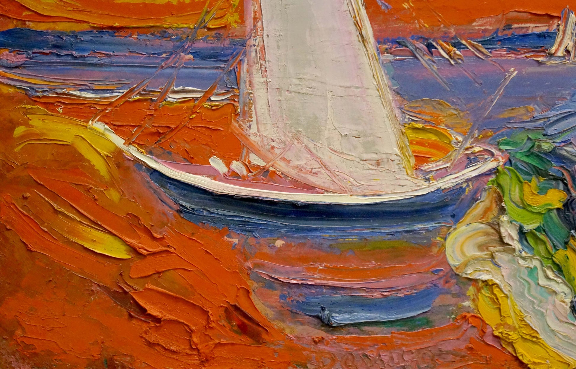 Vibrant impressionist oil painting by Mikhail Demtsyu of sailboat in fiery waters