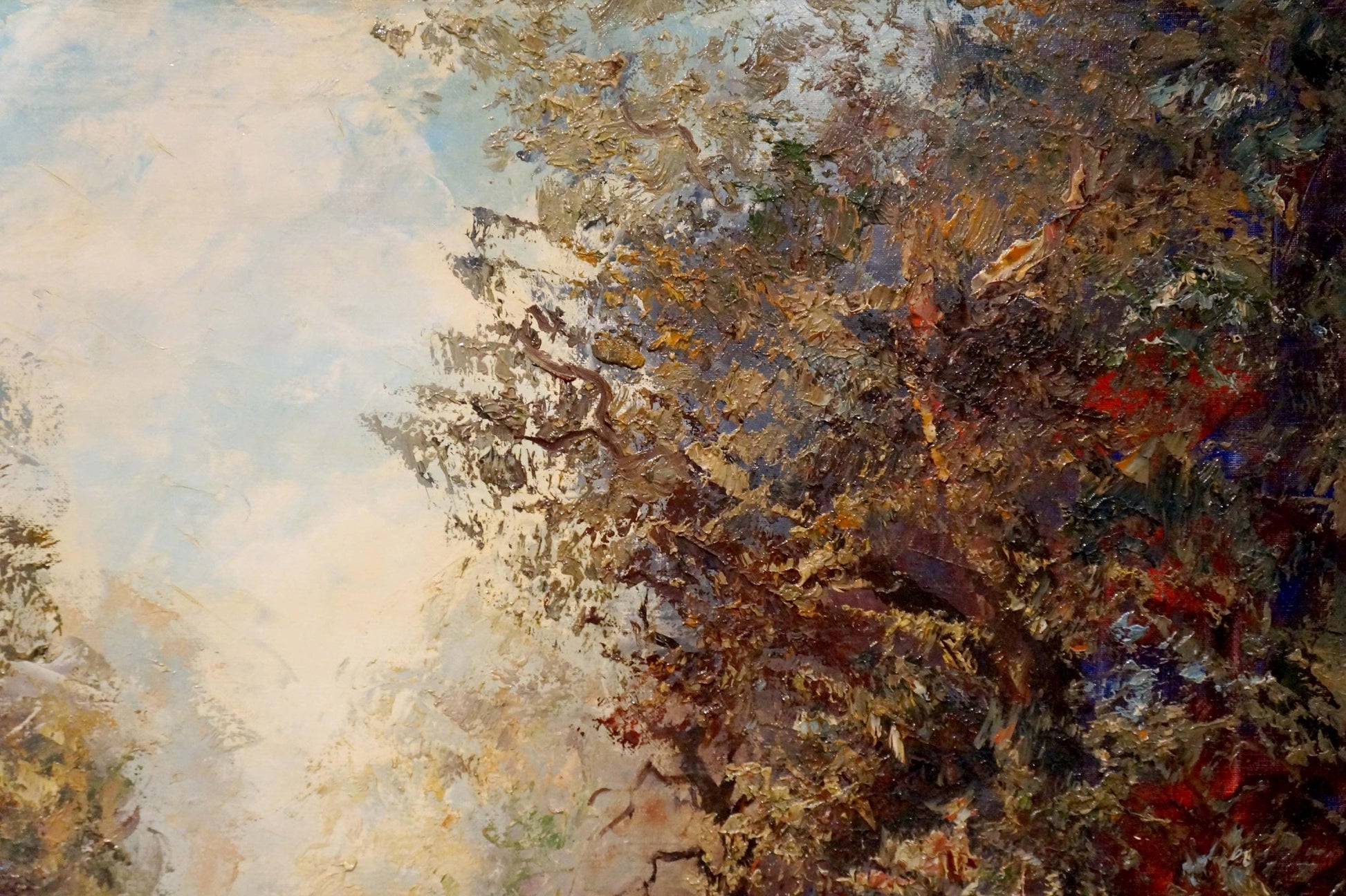 Oil painting Soldiers on the road Lutz: autumn tree in browns, golds, reds