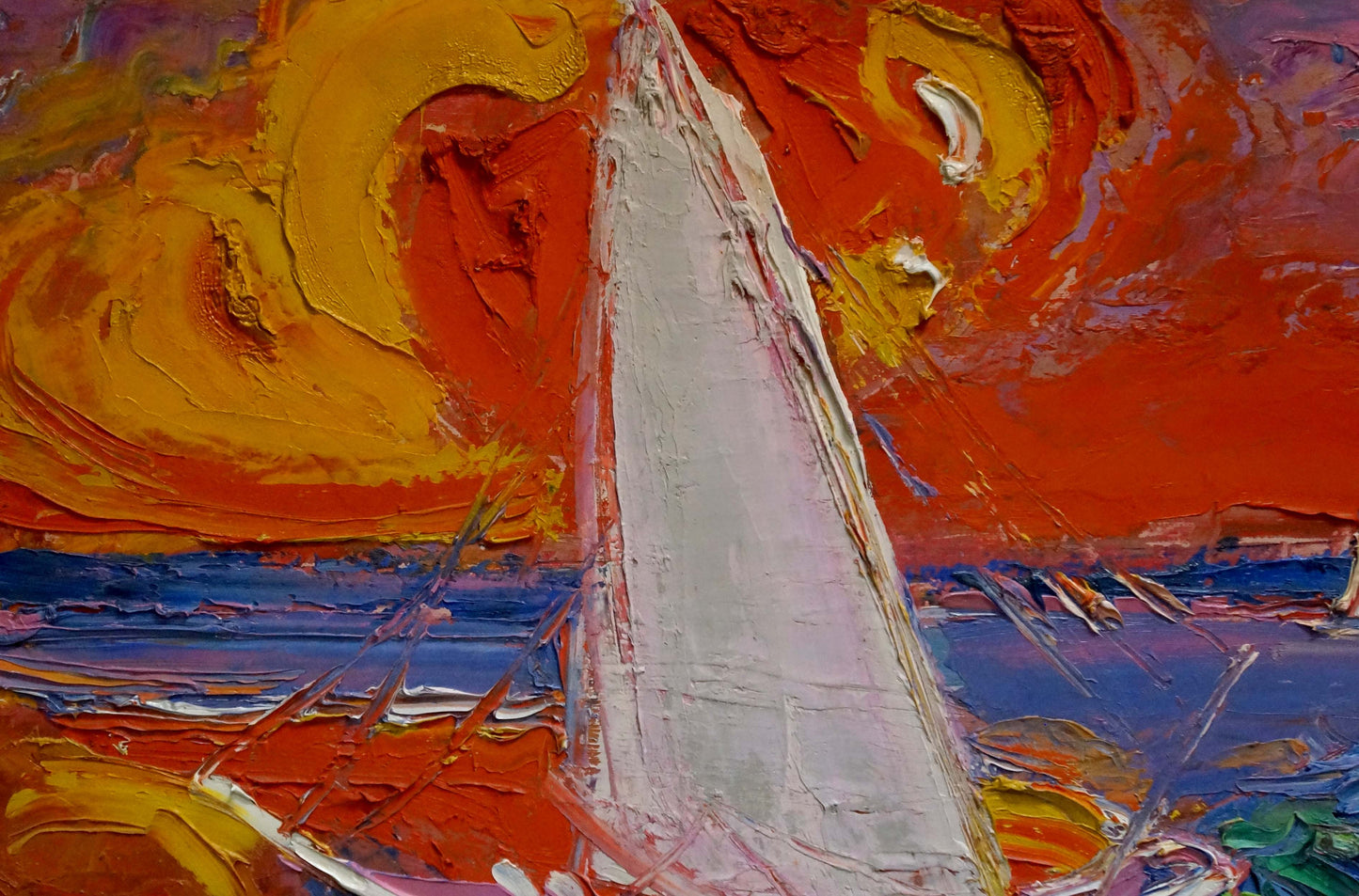 Oil painting Abstraction by Mikhail Demtsyu: white sailboat in orange-yellow sky
