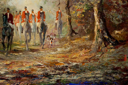 Oil painting Soldiers on the road Lutz: red-coated riders with hounds in woods