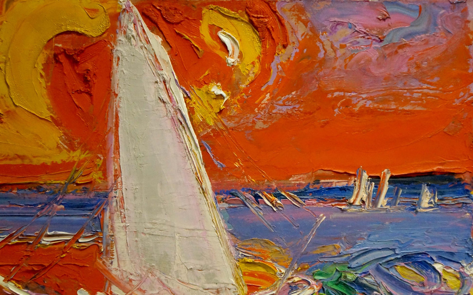 Oil painting Abstraction by Mikhail Demtsyu: white sailboat in orange sky