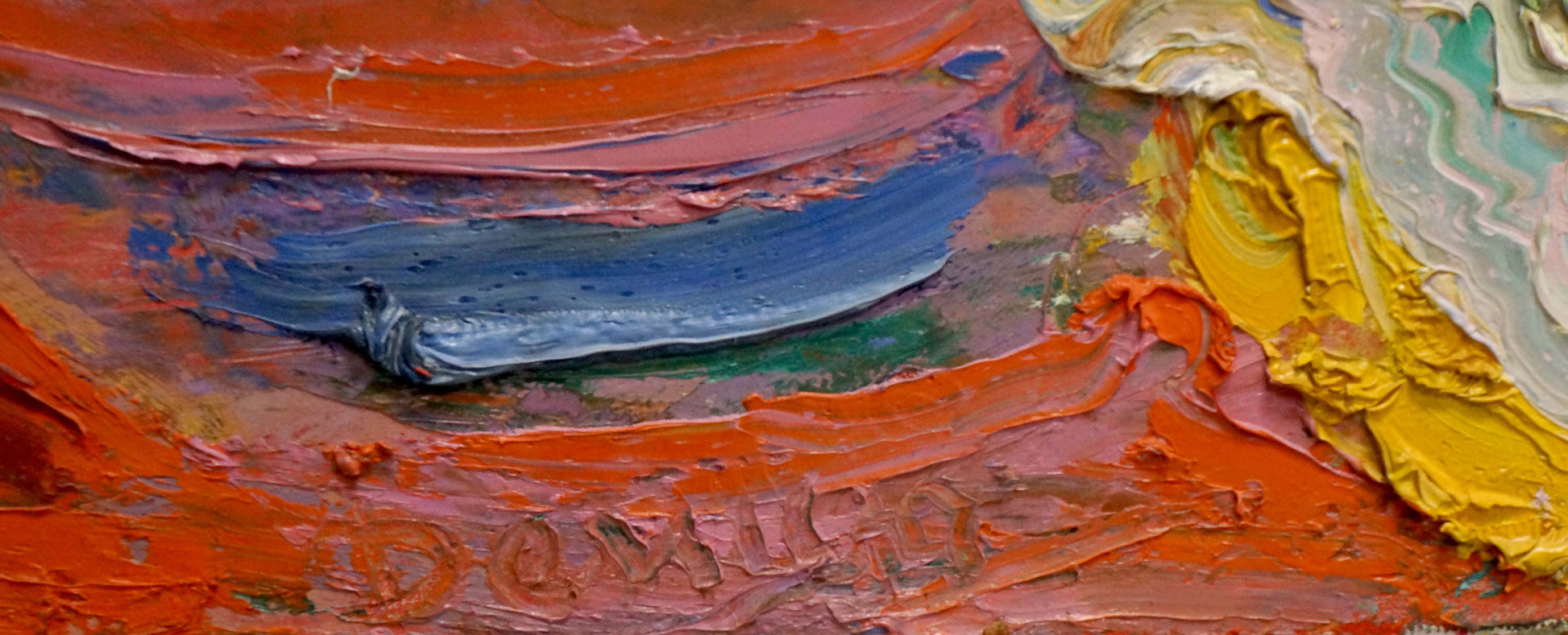 Oil painting Abstraction by Mikhail Demtsyu with orange blue brushstrokes