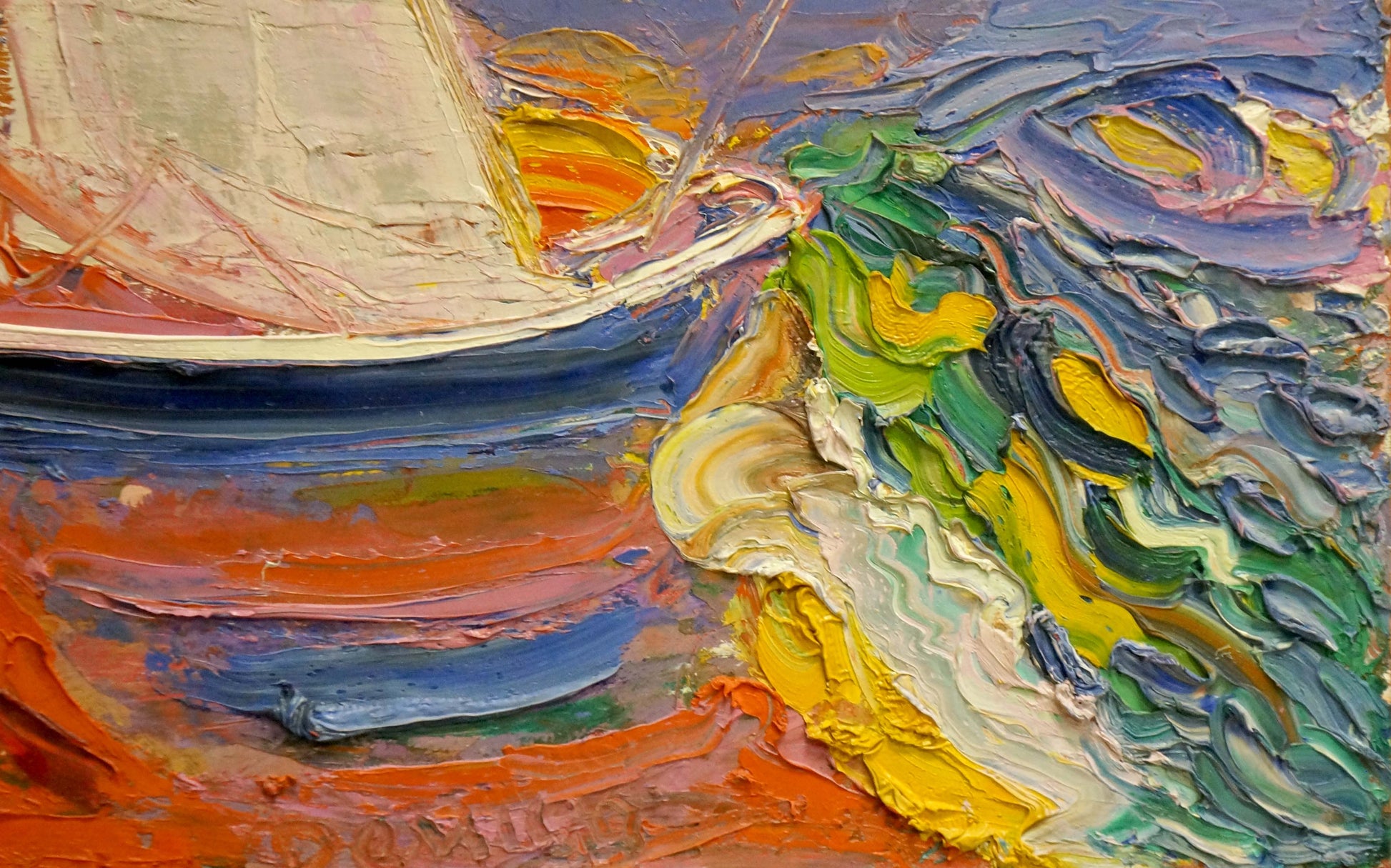 Vibrant oil painting Abstraction by Mikhail Demtsyu: sailboat on turbulent seas