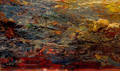 Richly textured impasto oil painting Soldiers on the road Lutz in blues reds yellows