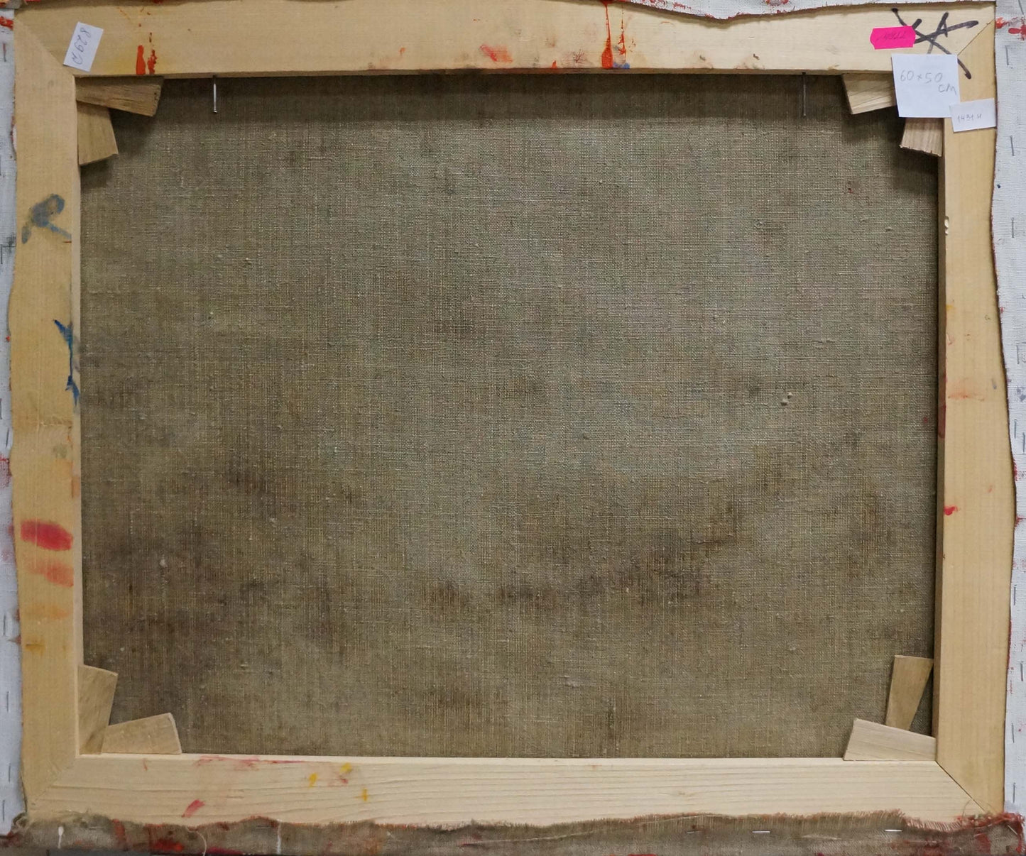 Back of Oil painting Abstraction Mikhail Demtsyu with light wood frame and beige linen backing