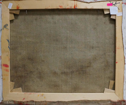 Back of Oil painting Abstraction Mikhail Demtsyu with light wood frame and beige linen backing