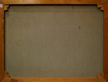 Back of Oil painting Soldiers on the road Lutz with gray fabric backing
