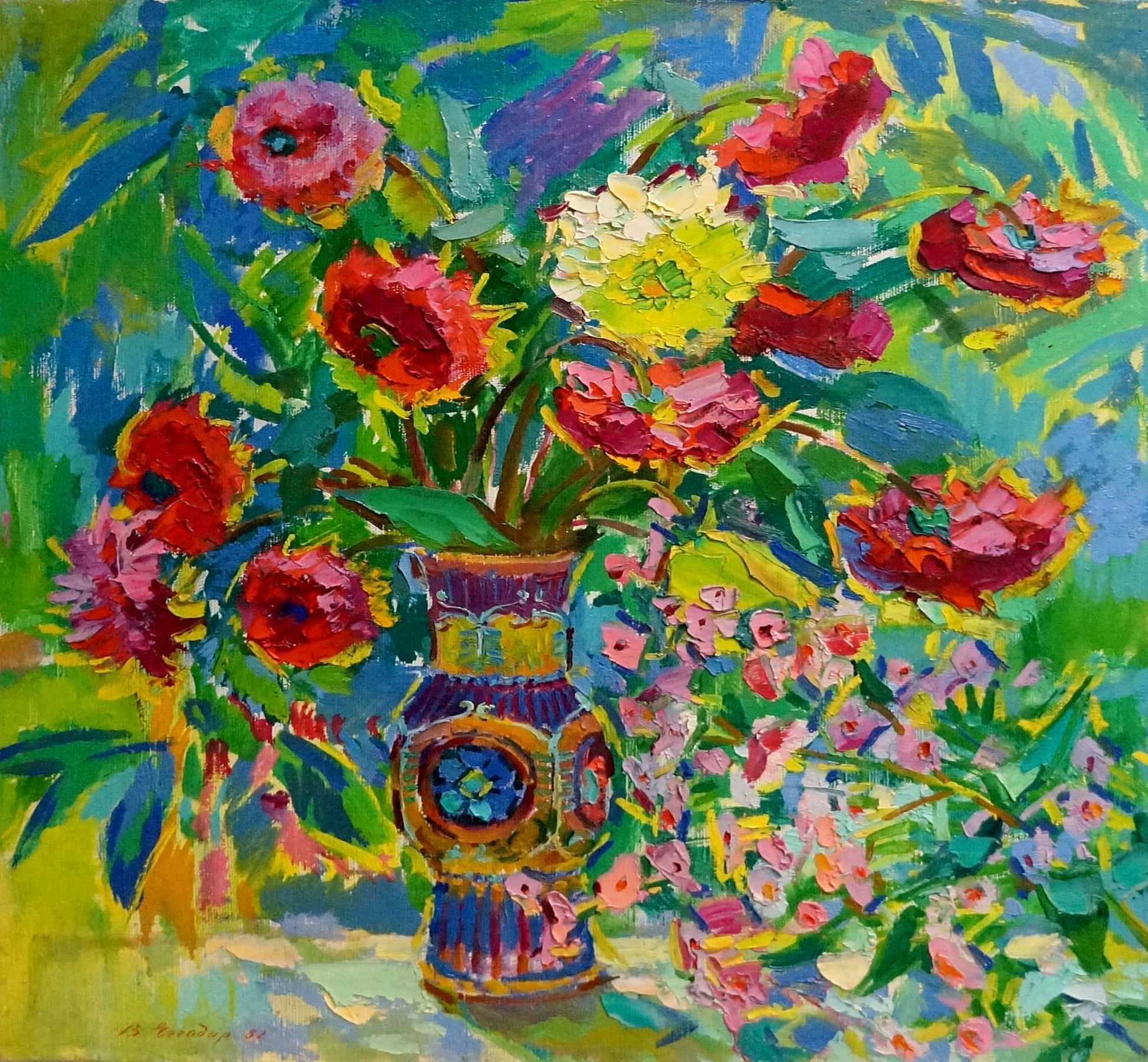 Oil painting of flowers in ornate Chegodar vase by Vasily Dmitrievich