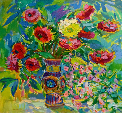 Oil painting of flowers in ornate Chegodar vase by Vasily Dmitrievich