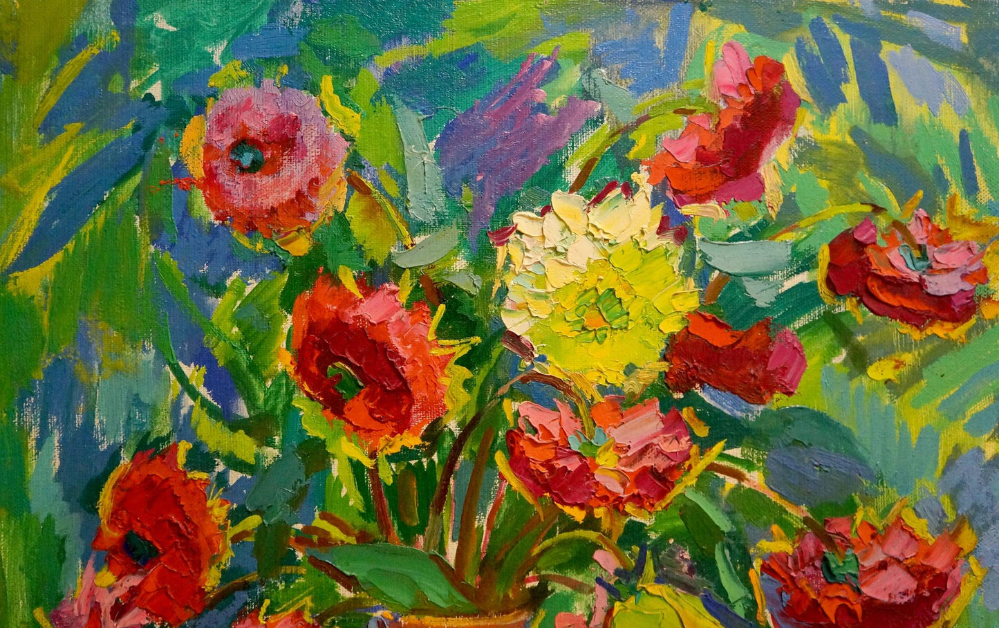 Vibrant impressionist oil painting of flowers in vase by Chegodar Vasily Dmitrievich