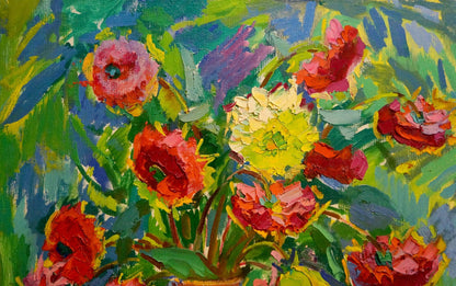 Vibrant impressionist oil painting of flowers in vase by Chegodar Vasily Dmitrievich