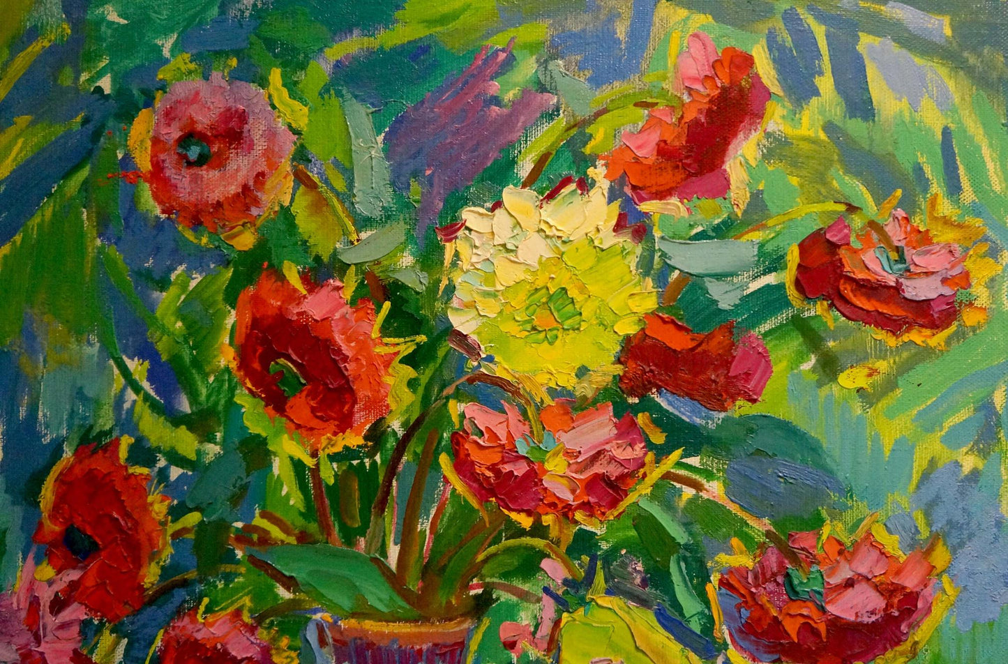 Vibrant impressionist oil painting of flowers in purple vase by Chegodar Vasily Dmitrievich