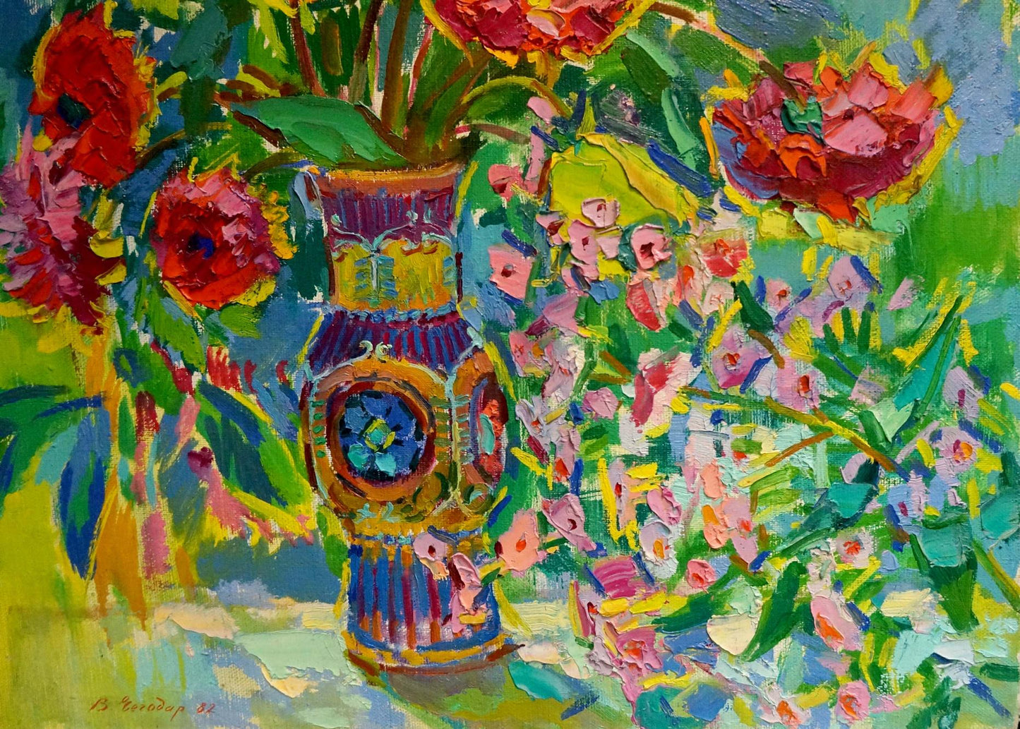 Oil painting of vibrant flowers in ornate Chegodar Vasily Dmitrievich vase