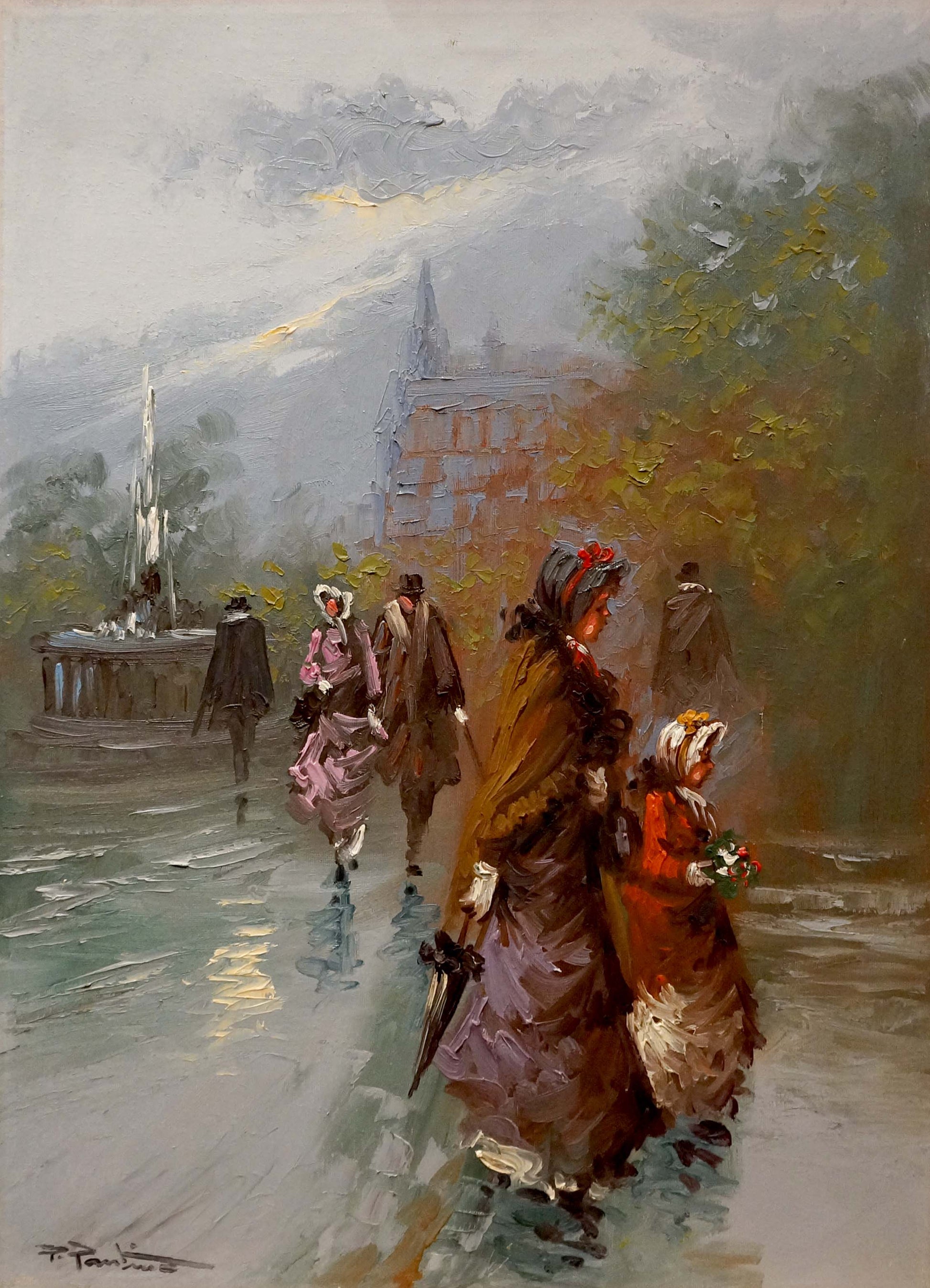 Oil painting Rainy weather by Pietro Pantino: misty park with period figures