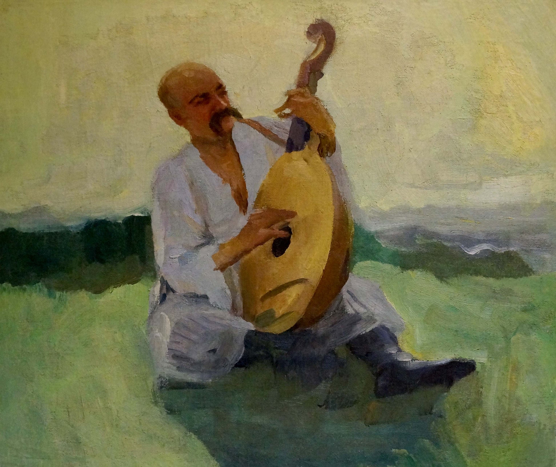 Oil painting of Taras Shevchenko playing golden-brown lute by Shulga Ivan Nikolaevich