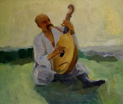 Oil painting of Taras Shevchenko playing golden-brown lute by Shulga Ivan Nikolaevich