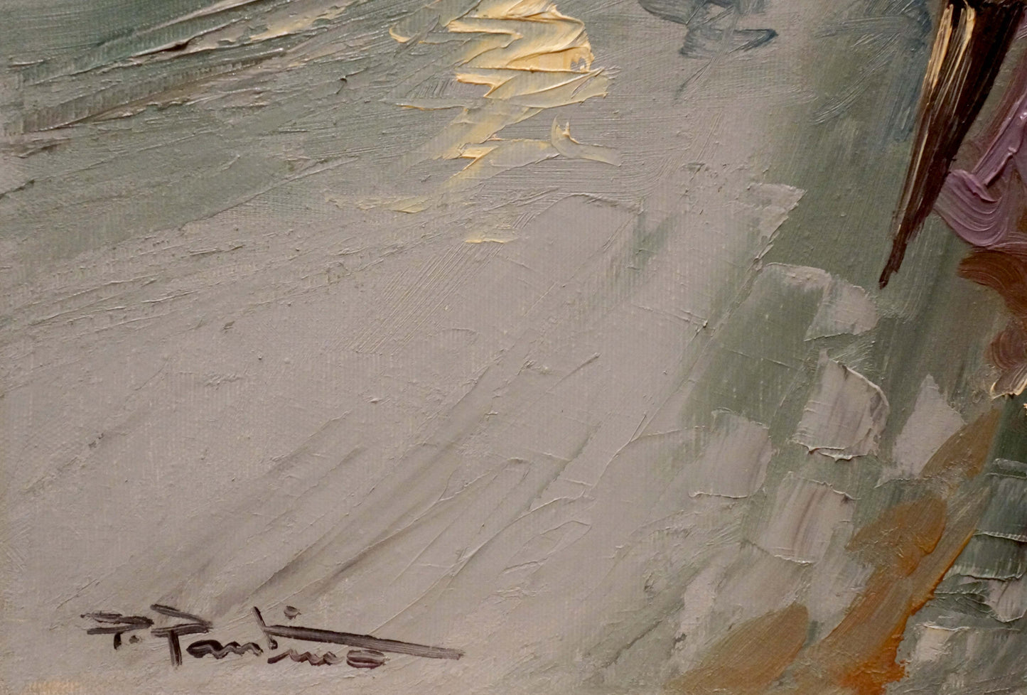 Oil painting Rainy weather by Pietro Pantino in muted greens and yellows