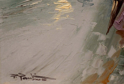 Oil painting Rainy weather by Pietro Pantino in muted greens and yellows