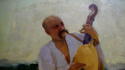 Oil painting of mustached man playing yellow cello by Shulga Ivan Nikolaevich