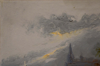 Textured gray yellow oil painting of cloudy rainy sky by Pietro Pantino