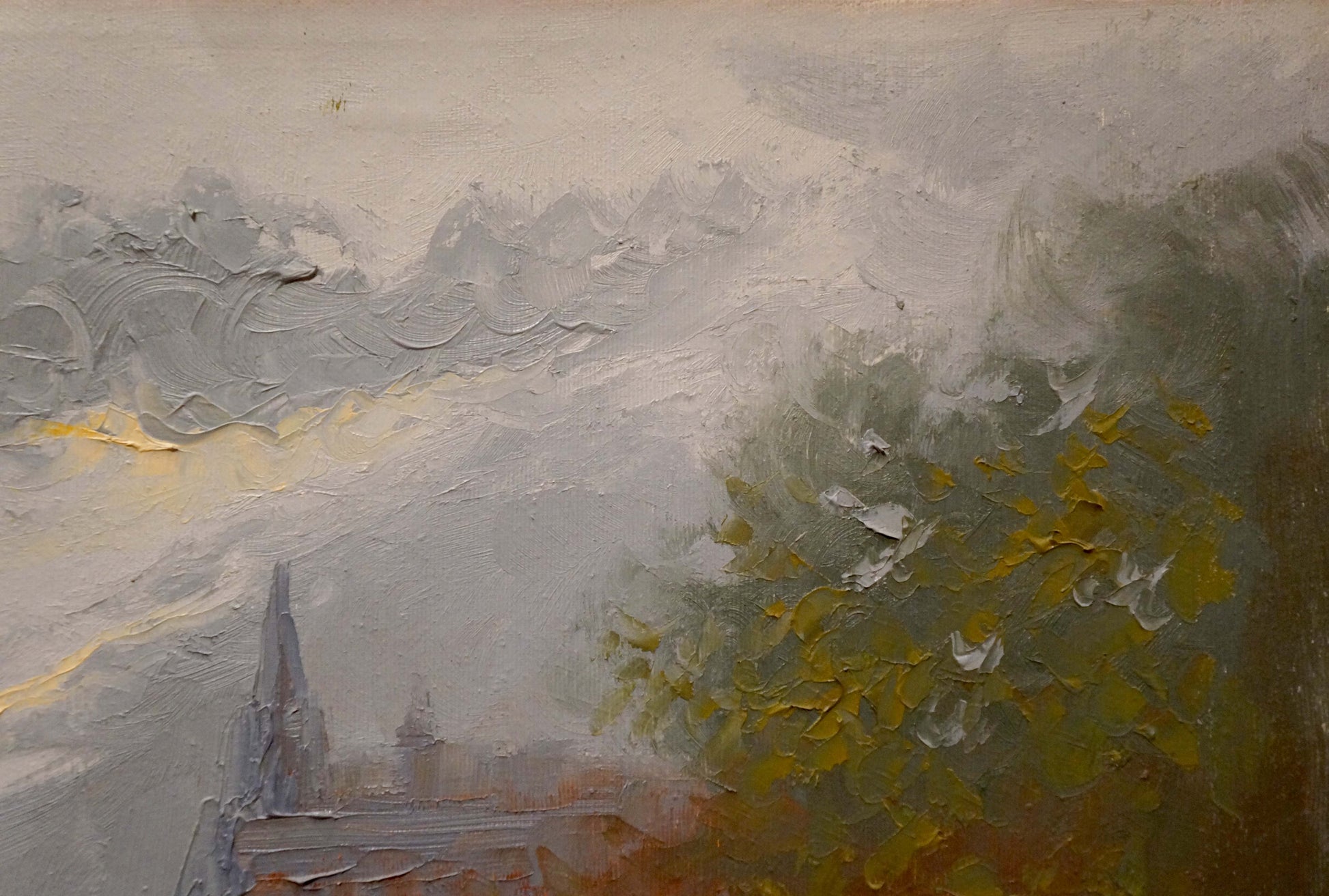 Oil painting Rainy weather by Pietro Pantino: misty textured landscape