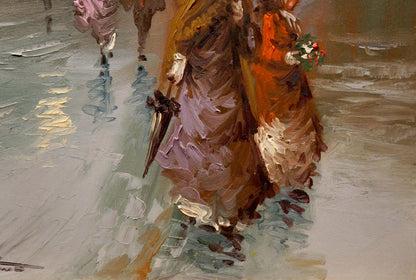 Oil painting Rainy weather by Pietro Pantino: two women in layered dresses wading in shallow water