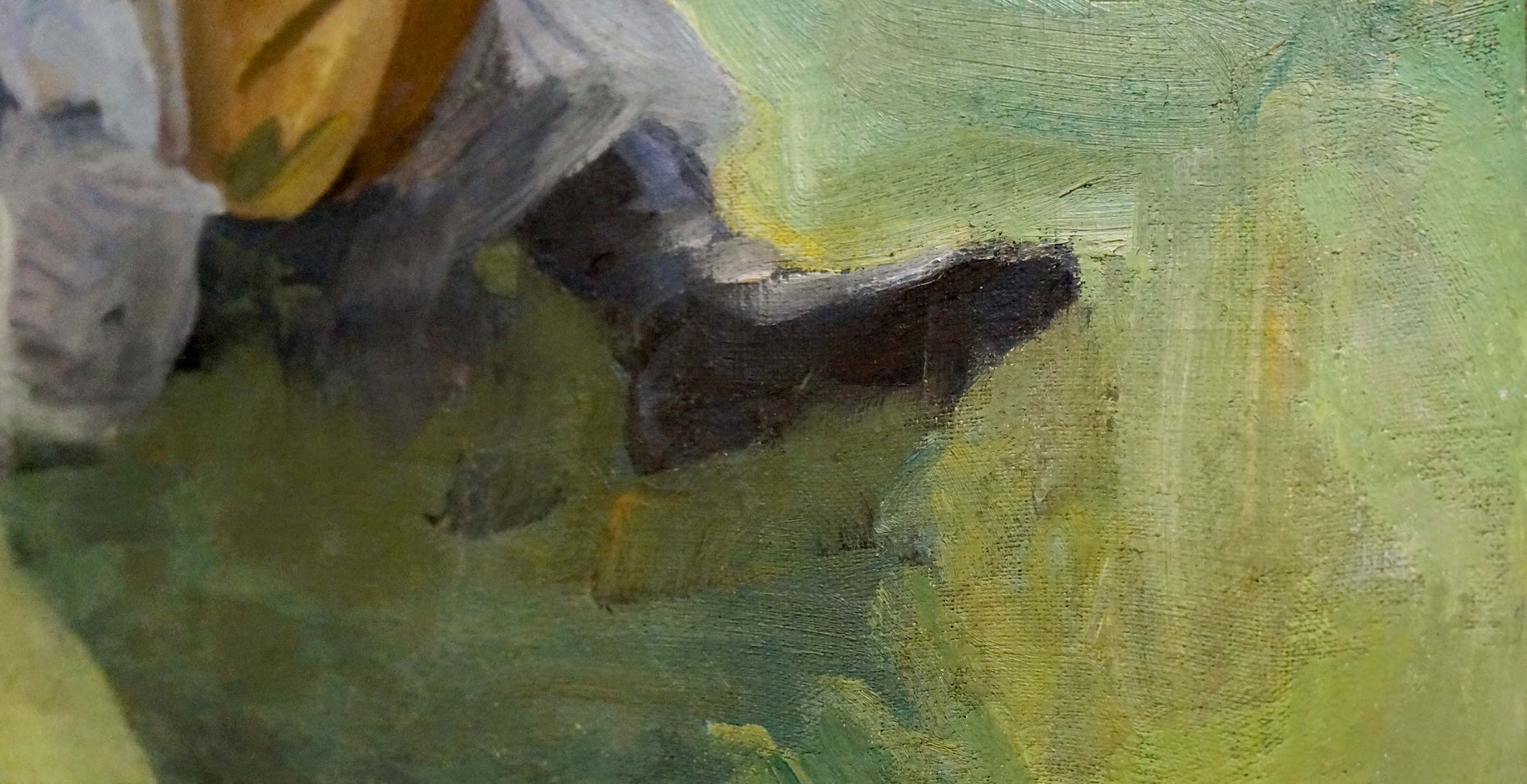 Oil painting of Taras Shevchenko by Shulga Ivan Nikolaevich: worn boot on vibrant green-yellow background