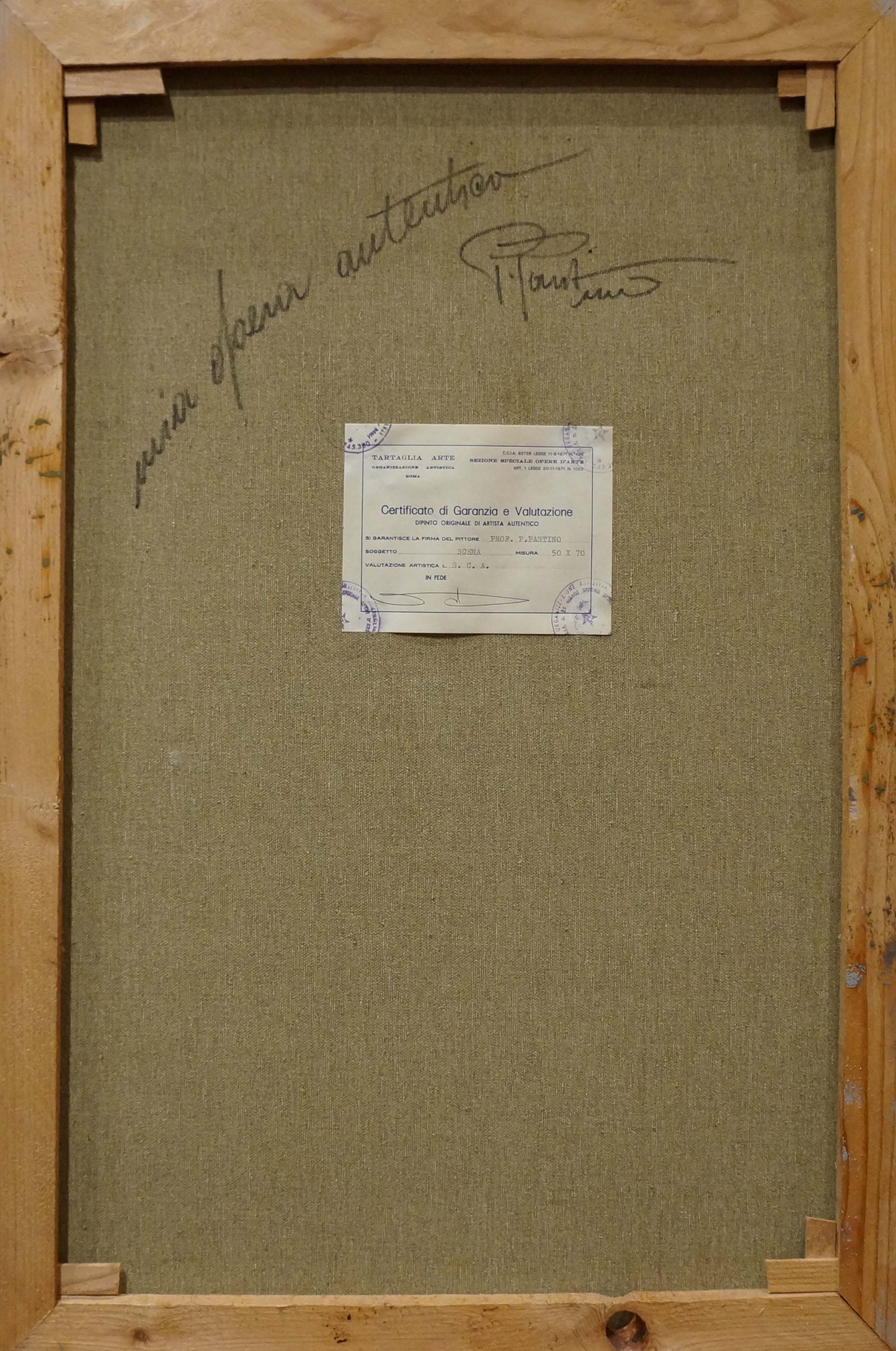Back of Pietro Pantino Rainy weather oil painting with green canvas and label