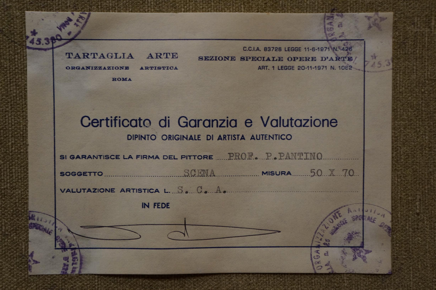 Authenticity certificate for Oil painting Rainy weather by Pietro Pantino, Tartaglia Arte Rome seals