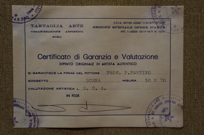 Authenticity certificate for Oil painting Rainy weather by Pietro Pantino, Tartaglia Arte Rome seals