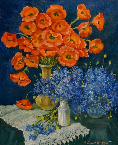 Oil painting of orange poppies in yellow vase with forget-me-nots by Mynka Alexander Fedorovich