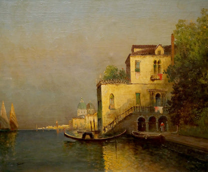 Oil painting by Francois: historic stone building with gondolas by water