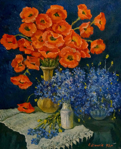 Oil painting of orange poppies in golden vase by Mynka Alexander Fedorovich