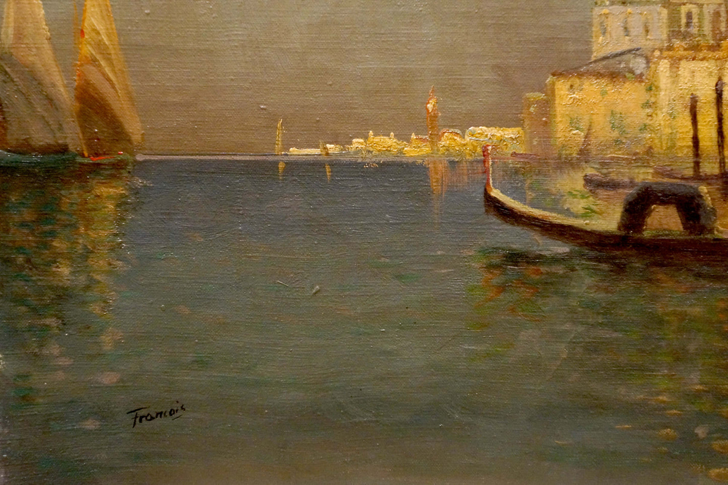 Oil painting of Francois gondola with dark hull and red prow in city landscape