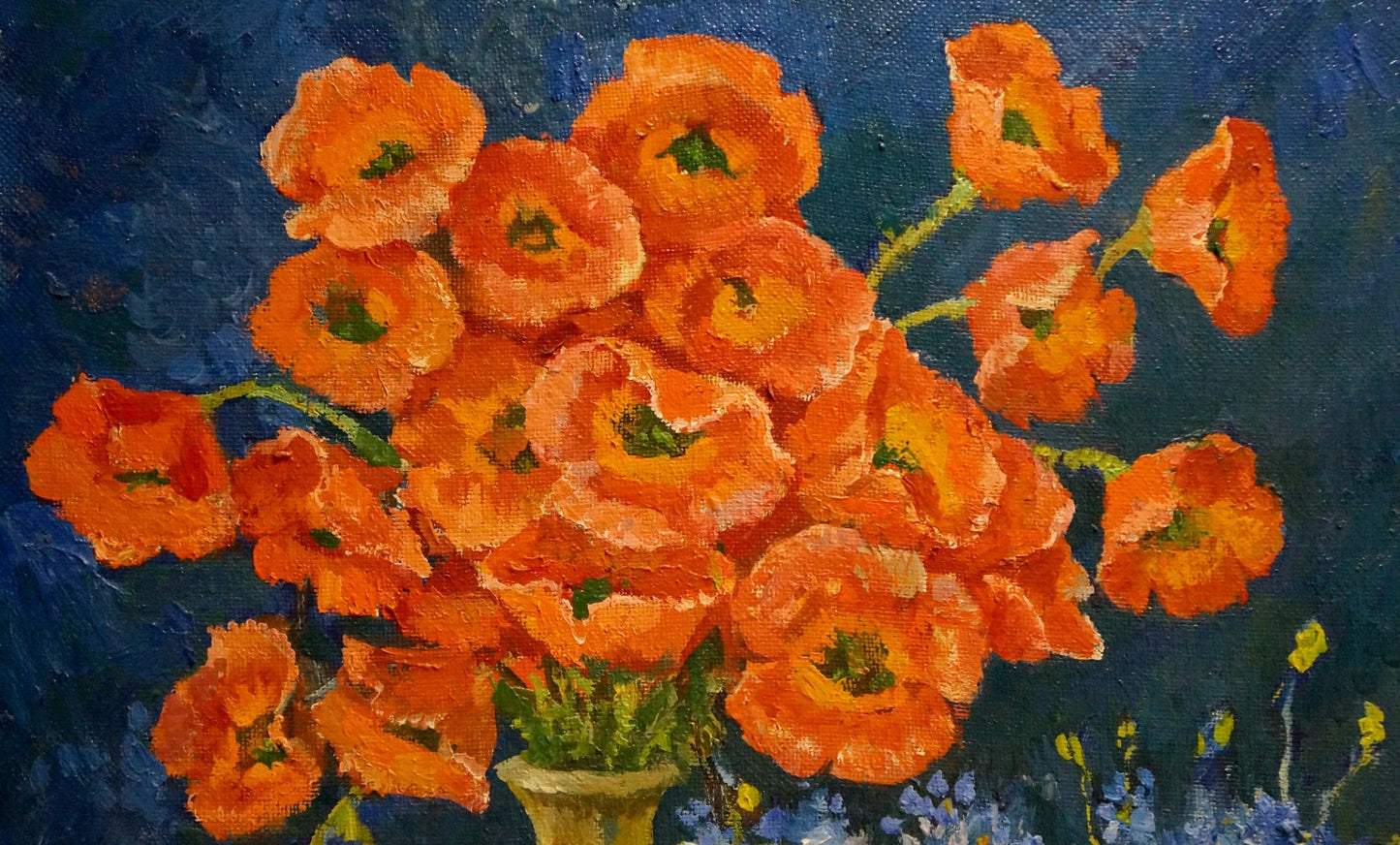Oil painting of vibrant orange poppies by Mynka Alexander Fedorovich