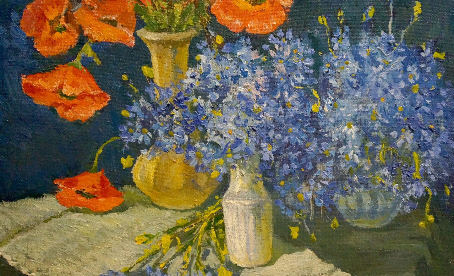 Oil painting by Mynka Alexander Fedorovich: vibrant poppies and blue flowers in glass vases