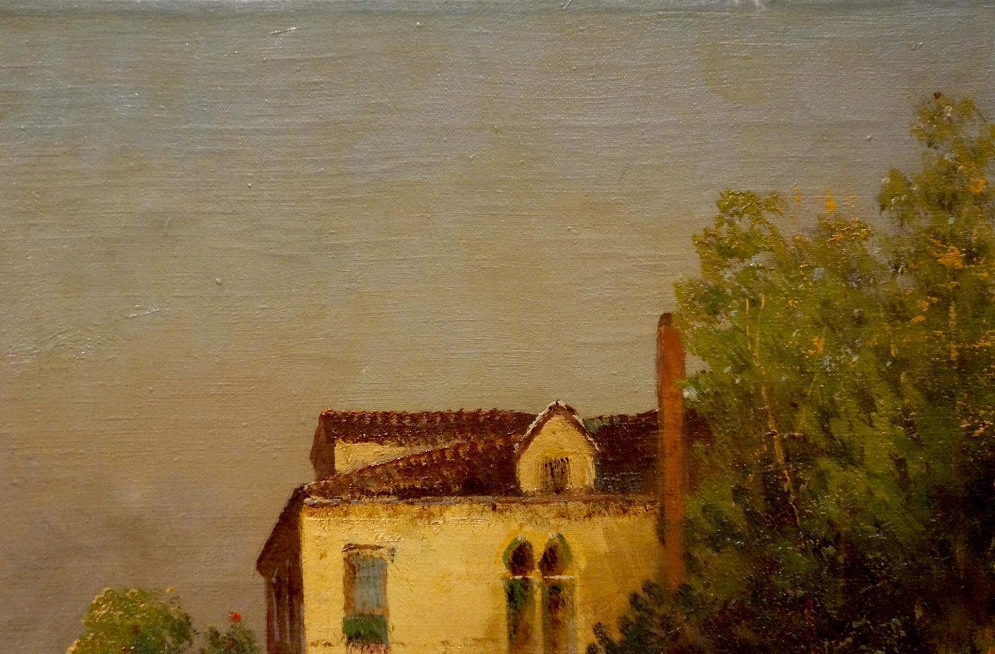 Oil painting of yellow stucco city house by Francois, arched windows and foliage