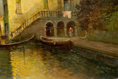 Oil painting by Francois: dark wooden gondola in golden canal, city landscape