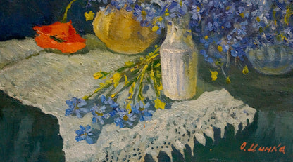 Oil painting Poppies and hairs by Mynka Alexander Fedorovich with white ceramic vase of blue yellow flowers