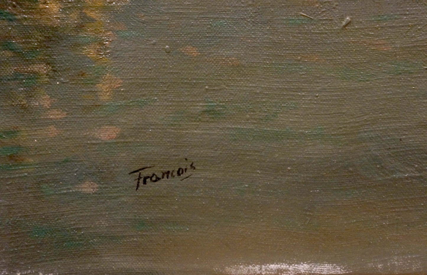 Oil painting city landscape Francois textured green brown canvas signed Francois