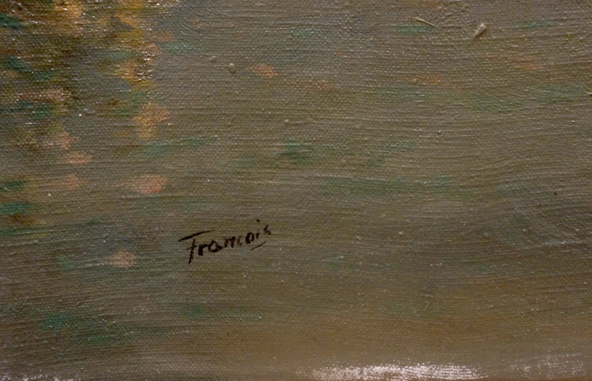Oil painting city landscape Francois textured green brown canvas signed Francois