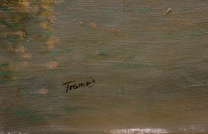 Oil painting city landscape Francois textured green brown canvas signed Francois