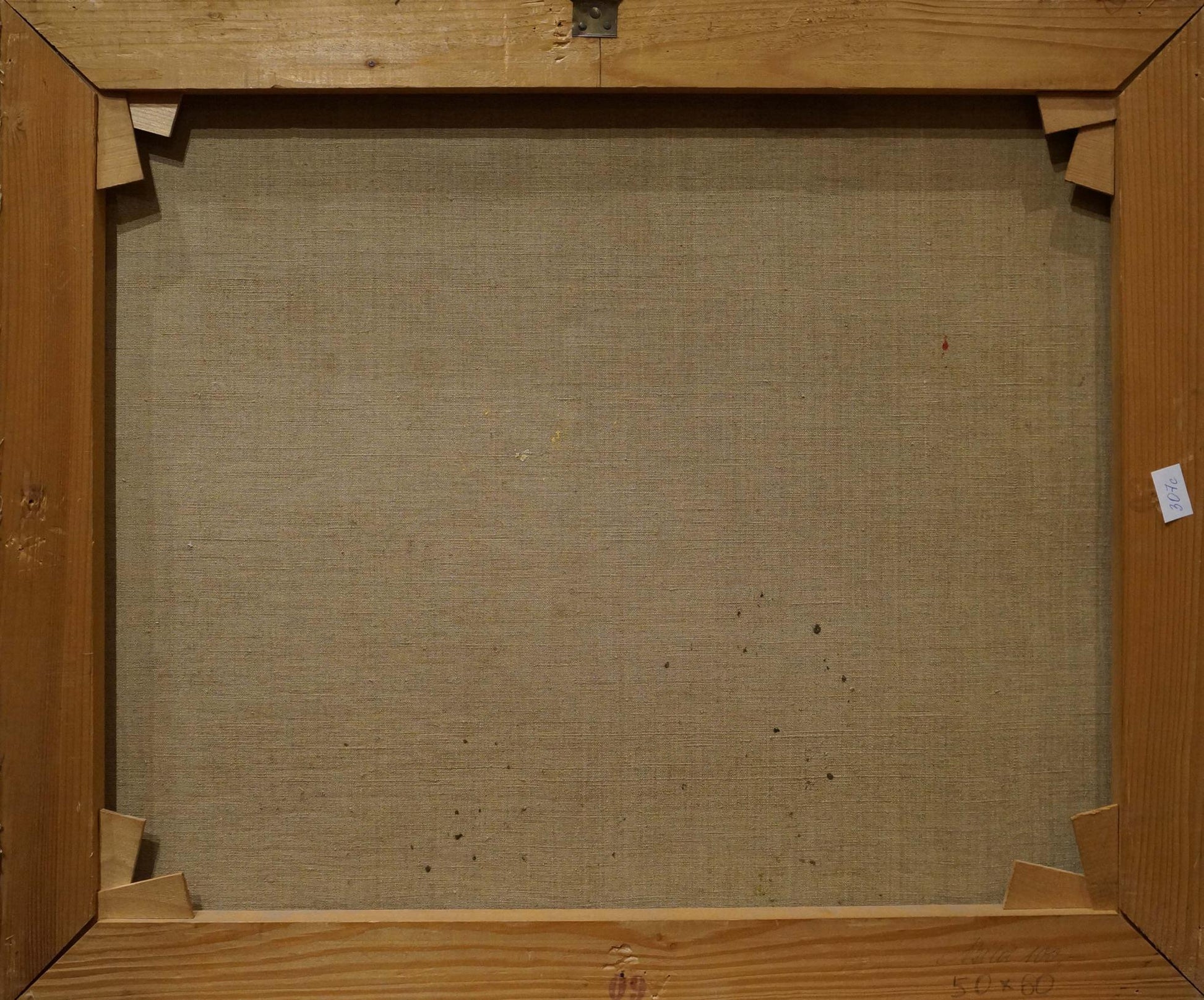 Back of Francois oil painting City landscape on wooden frame with beige linen