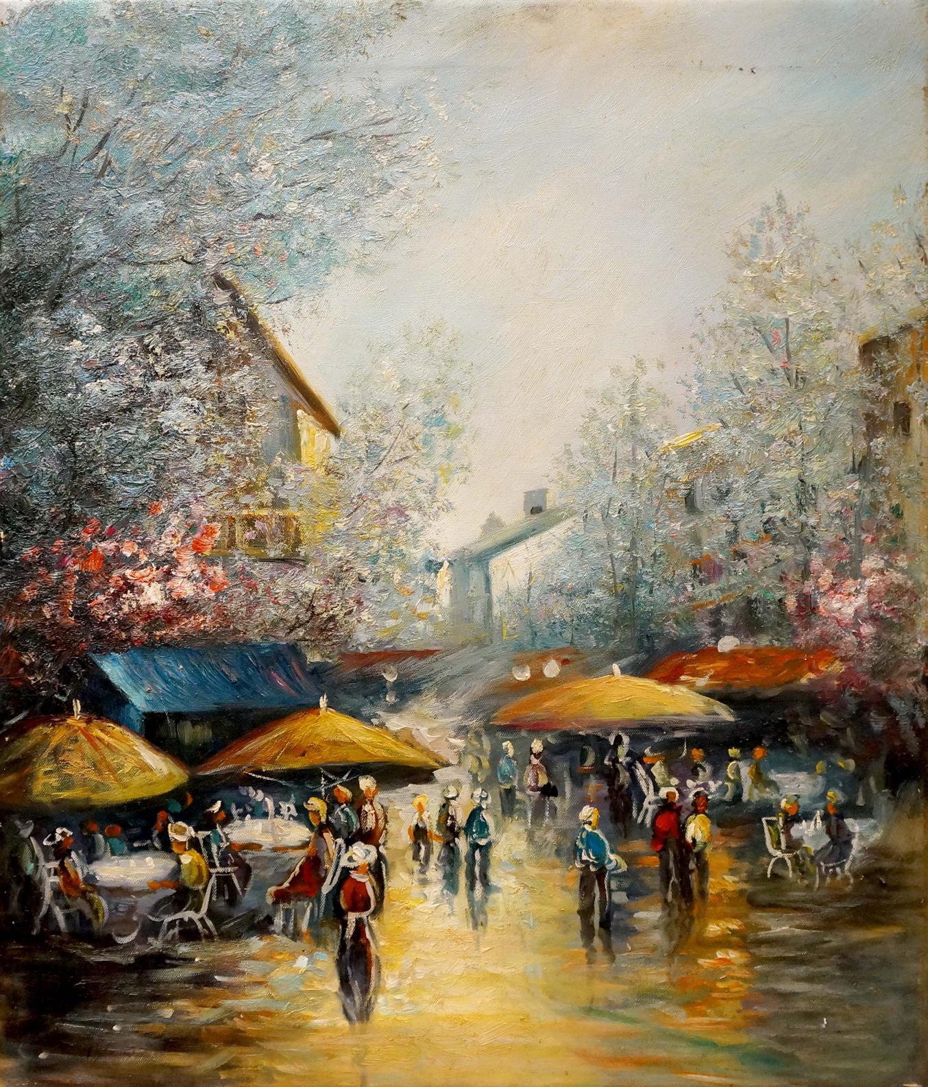 Vibrant impressionist painting of people resting in restaurants under colorful umbrellas
