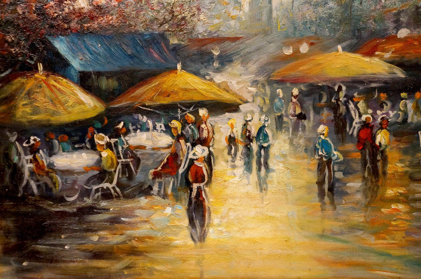 Vibrant impressionist painting of bustling market with people resting under yellow umbrellas