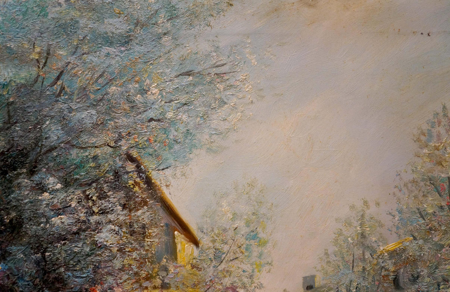 Rustic wooden roof through foliage oil painting for restaurant rest scene
