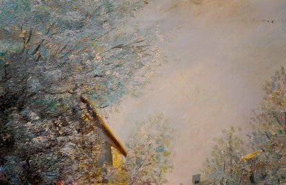 Rustic wooden roof through foliage oil painting for restaurant rest scene