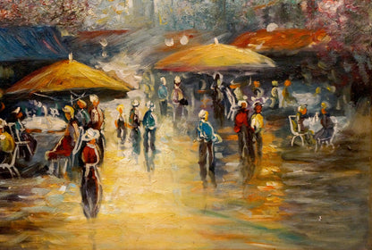 Vibrant impressionist café scene with people resting under yellow umbrellas