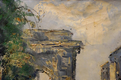 Impasto oil painting by Jan Kelderman of weathered stone city building with green foliage